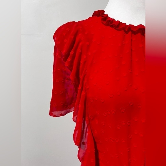 Monique Lhuillier Red Chiffon Ruffle Floral Flutter Sleeve Dress size 10 - Picture 4 of 15